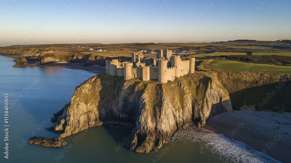 Majestic coastal castle at sunset, perched atop dramatic cliffs overlooking the ocean. Majestic coastal castle at sunset, perched atop dramatic cliffs overlooking the ocean.