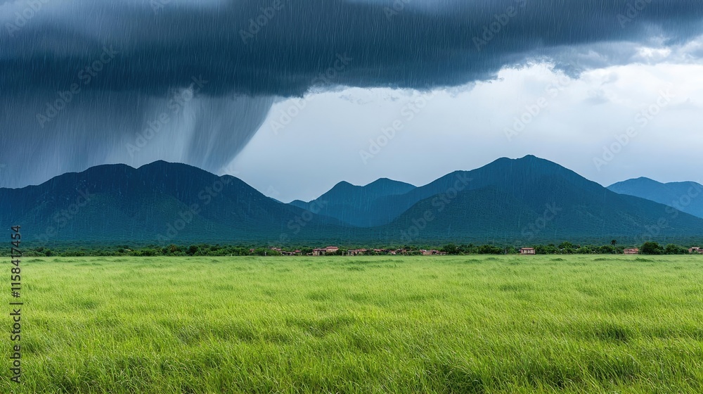 Fototapeta premium Florida hurricane idea. Dramatic storm clouds over lush green fields and distant mountains create a breathtaking view.