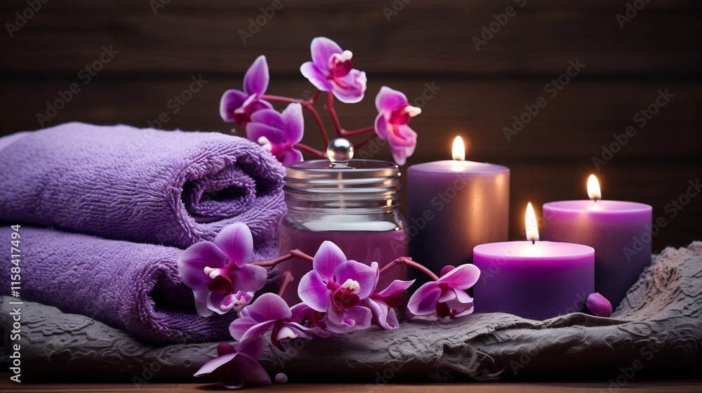 Tranquil and Luxurious Purple Spa Setting with Softly Lit Candles Plush Towels and Delicate Floral Touches for a Restorative Escape