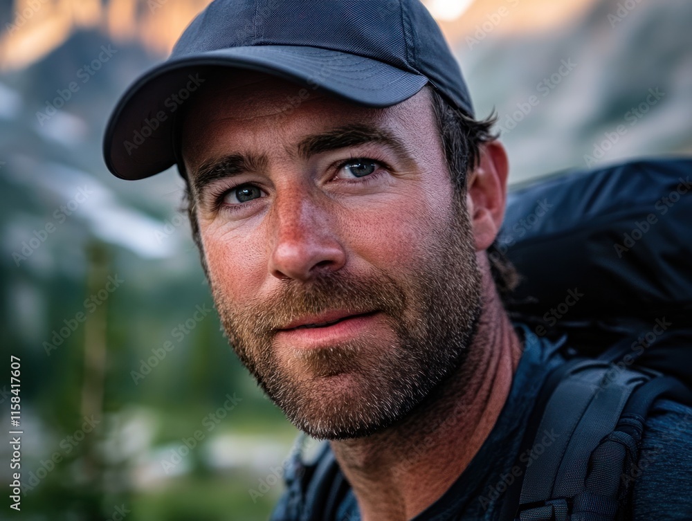 Close-up portrait of a man with a beard wearing a baseball cap and backpack, outdoors in a mountain landscape. Close-up portrait of a man with a beard wearing a baseball cap and backpack, outdoors in a mountain landscape.