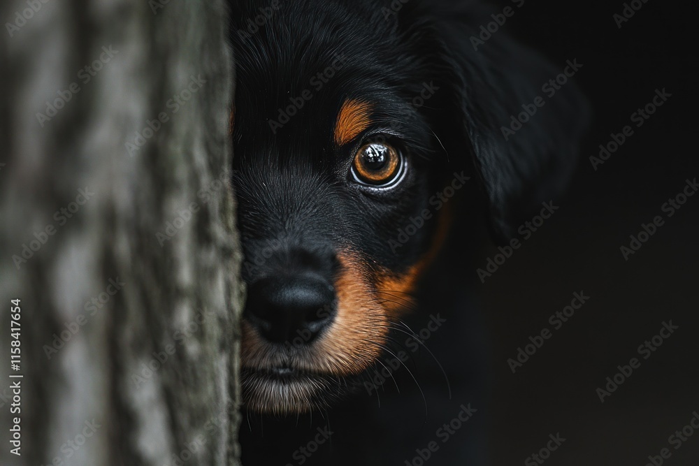 Shy puppy peeking from behind a tree trunk, intense gaze. Shy puppy peeking from behind a tree trunk, intense gaze.