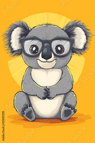 A cute cartoon koala wearing glasses, smiling against a bright yellow background. photo