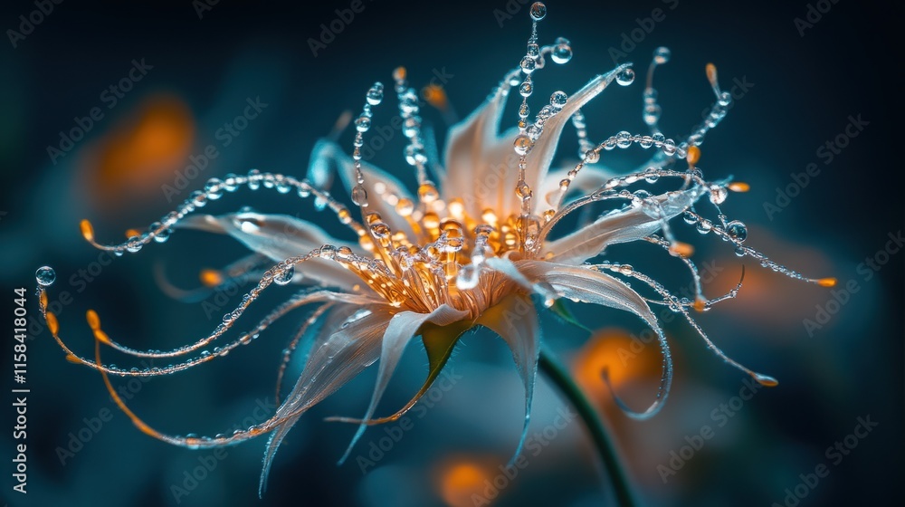 Close-up of a dew-covered flower with glowing center. Close-up of a dew-covered flower with glowing center.