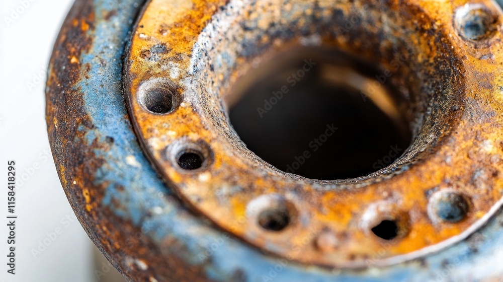 Close-up of a rusty, blue, and orange metal object with a central hole and small drilled holes around it. Close-up of a rusty, blue, and orange metal object with a central hole and small drilled holes around it.