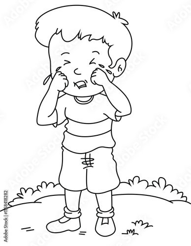 Cute cartoon hand drawn vector crying boy coloring page.