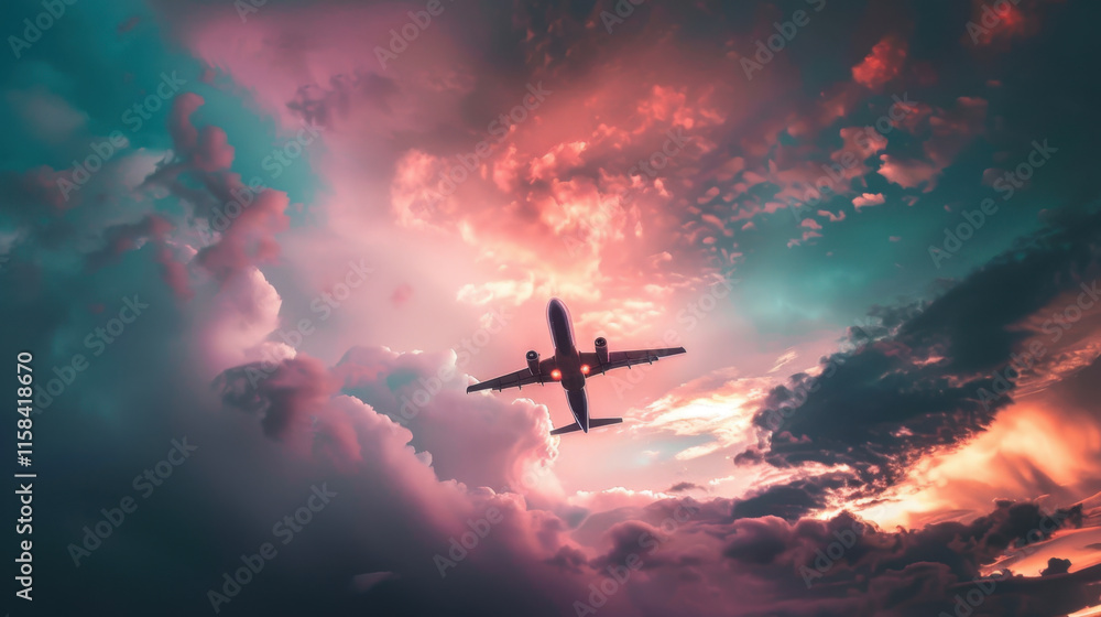 Naklejka premium Airplane Soaring Through a Vibrant Sunset Sky