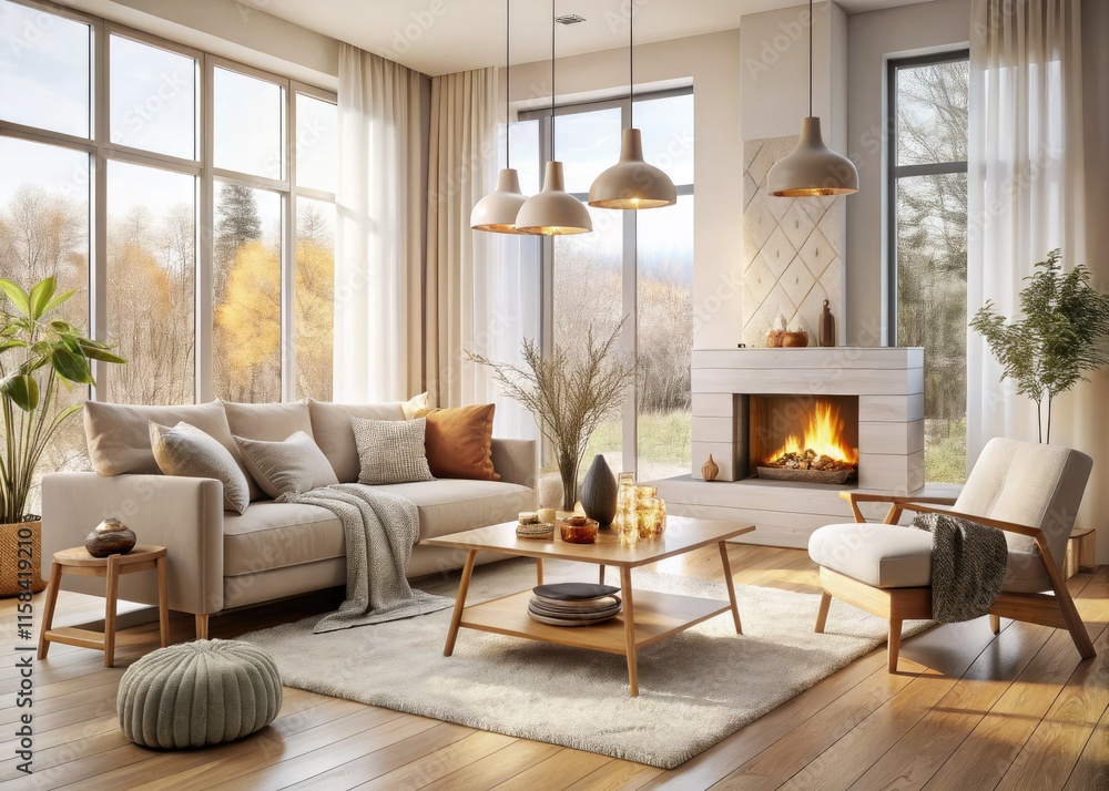 Fototapeta premium Serene Scandinavian living room: warm light, minimalist design, modern comfort.