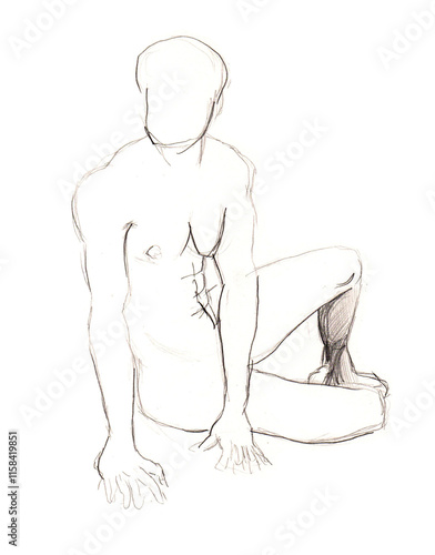 Sketch of naked man. Plumbago. Isolated on white background. Seated, hands in foreground. Outline drawing. Chaotic lines. Different shades of gray. Muscles are visible. Athletic physique. Sports. photo