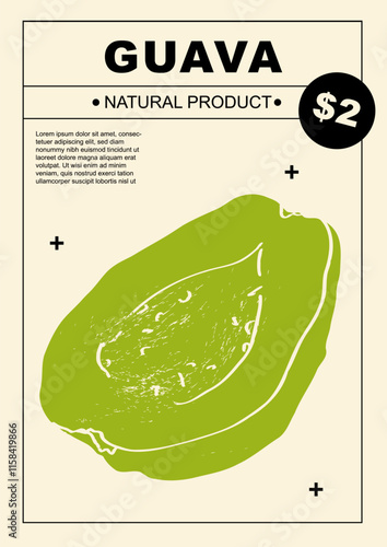 Guava. Set of posters of fruits and citrus in a abstract draw design. Label or poster, price tag. Simple, flat design. Patterns and backgrounds. Perfect for poster, cover, banner.	