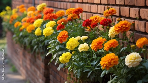 Wallpaper Mural Lush and Colorful Marigold Flowers in Thriving Urban Garden Landscape with Green Foliage and Brick Wall Background Torontodigital.ca