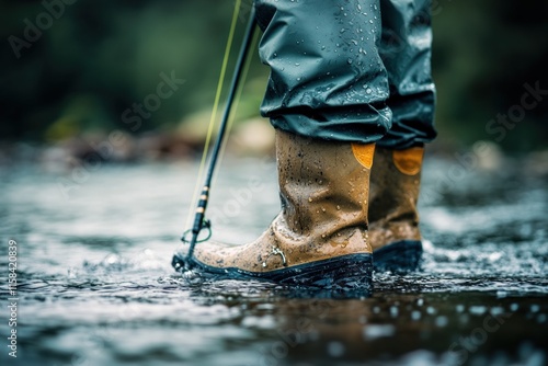 Close-up of angler's waterproof boots in a river, holding a fishing rod. photo