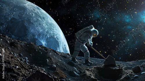 Astronaut Excavating Lunar Soil with a Shovel photo