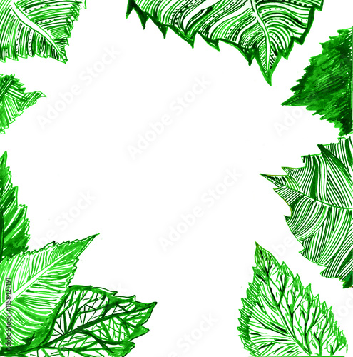 Frame of leaves. A drawing of lines, stripes, dots and different decor. Different shades of green color. White copy space. Square shape. The leaves are partially visible. Spring, summer time. photo