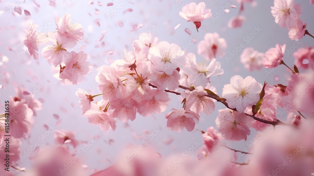 Delicate cherry blossom petals in soft pink and white hues drifting gracefully through the air in a lush blooming spring garden landscape Delicate cherry blossom petals in soft pink and white hues drifting gracefully through the air in a lush blooming spring garden landscape