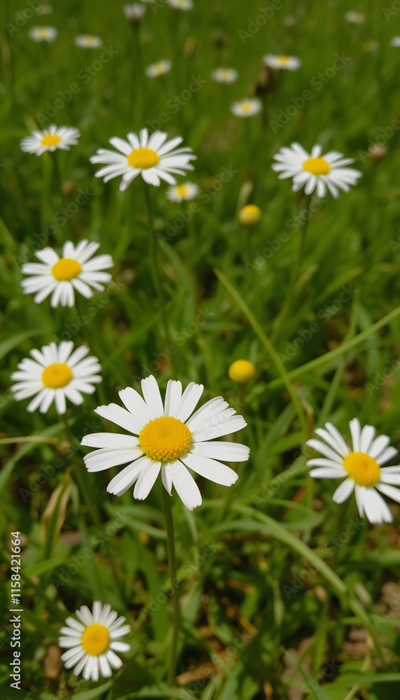 Fototapeta premium Chamomile in meadow (wild chamomile) - daisy flower in spring, angled photoshot, with white tones