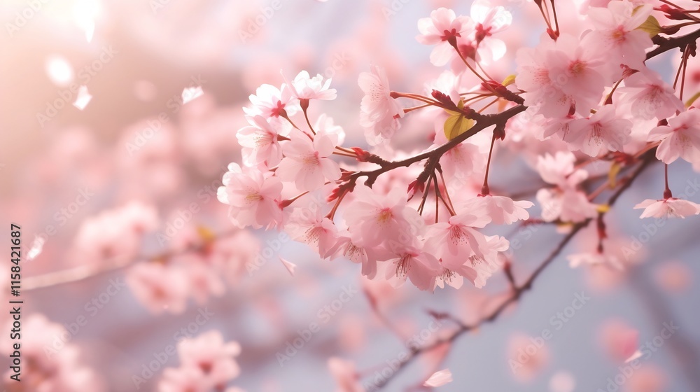 Delicate light pink and white cherry blossoms falling gently in a springtime scene of serene beauty and tranquility Delicate light pink and white cherry blossoms falling gently in a springtime scene of serene beauty and tranquility