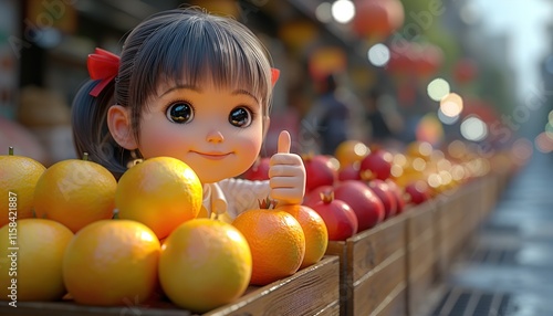 Portrait of cute kawaii colorful girl showing thumb up, positive hand gesture recommending fruits  photo