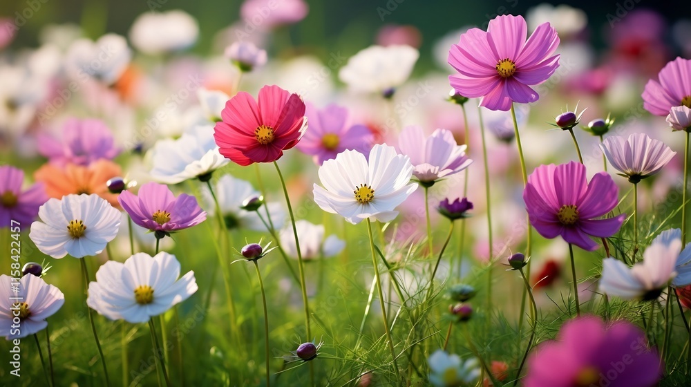Close up of delicate cosmos flowers in vibrant shades of pink white and purple blooming against a lush green field Close up of delicate cosmos flowers in vibrant shades of pink white and purple blooming against a lush green field