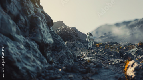 Astronaut Exploring a Rugged Alien Planet Landscape
