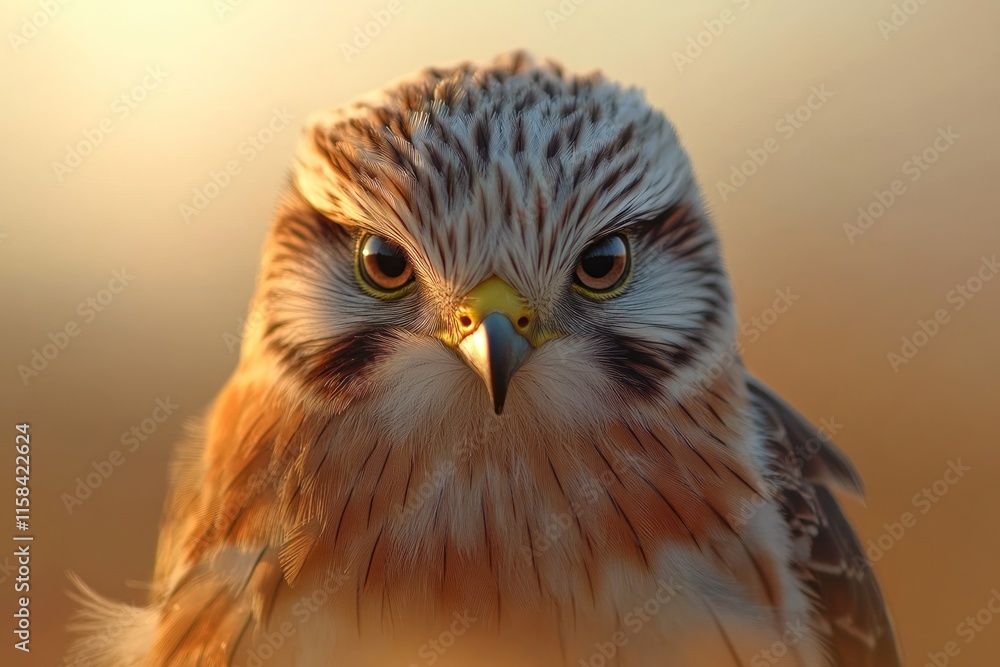 Close-up portrait of a hawk with intense gaze, illuminated by warm sunset light. Close-up portrait of a hawk with intense gaze, illuminated by warm sunset light.