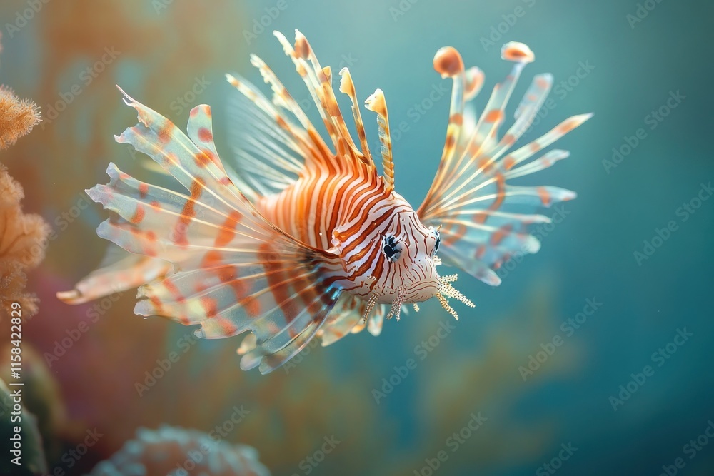 A vibrant lionfish, with intricate patterns and flowing fins, swims gracefully amidst a coral reef. A vibrant lionfish, with intricate patterns and flowing fins, swims gracefully amidst a coral reef.