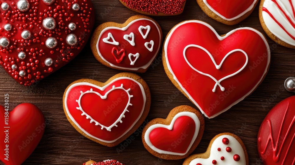 Deliciously decorated heart cookies for valentine's day celebration kitchen food photography cozy atmosphere close-up sweet treats Deliciously decorated heart cookies for valentine's day celebration kitchen food photography cozy atmosphere close-up sweet treats