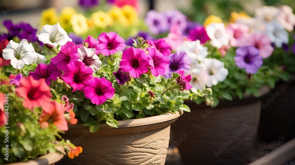 Close up view of lush colorful petunias in full bloom planted in decorative garden pots creating a beautiful floral display in an outdoor setting Close up view of lush colorful petunias in full bloom planted in decorative garden pots creating a beautiful floral display in an outdoor setting