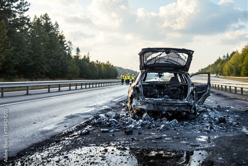 A heavily damaged car is burned out on the side of a highway, surrounded by debris. Emergency responders are seen further down the road. Concept of accidents. Ai generative photo