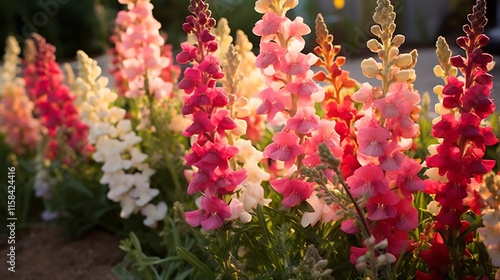 Lush colorful snapdragon flowers in full bloom transforming a verdant garden landscape with their vibrant shades of pink yellow and red photo