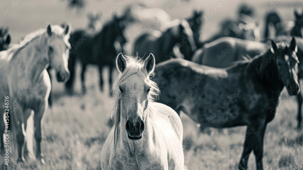 Black and White Horse Stands Out in Herd Black and White Horse Stands Out in Herd