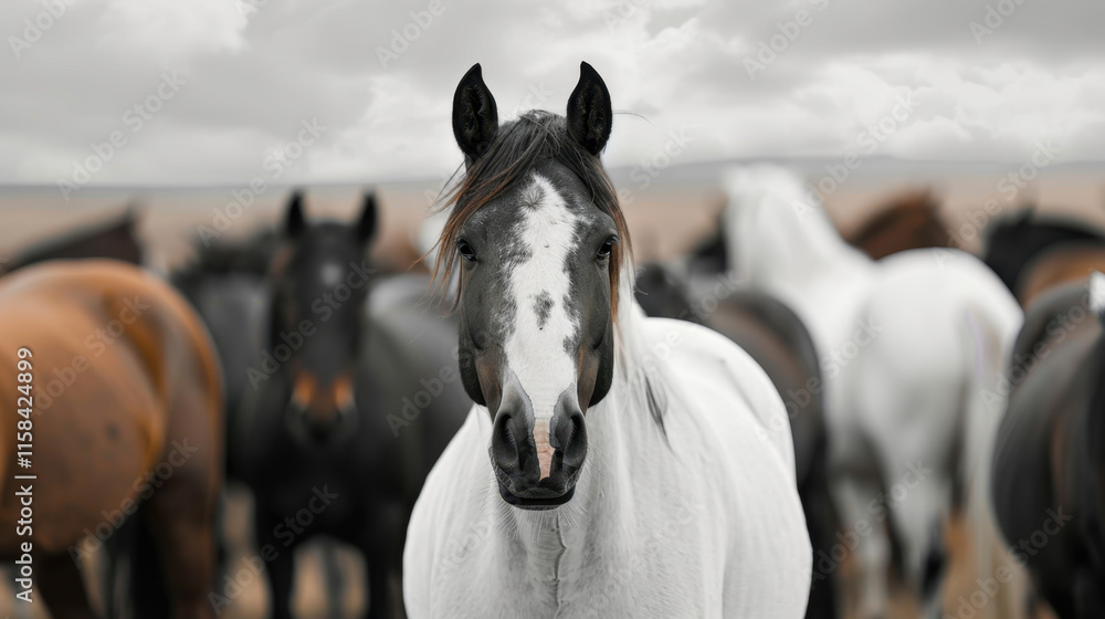 Obraz premium Black and White Horse Distinct in Herd