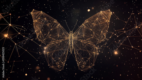 Butterfly composed of polygon. Low poly vector illustration of a starry sky or Comos. The digital flyer consists of lines, dots and shapes. Wireframe technology light connection structure. photo