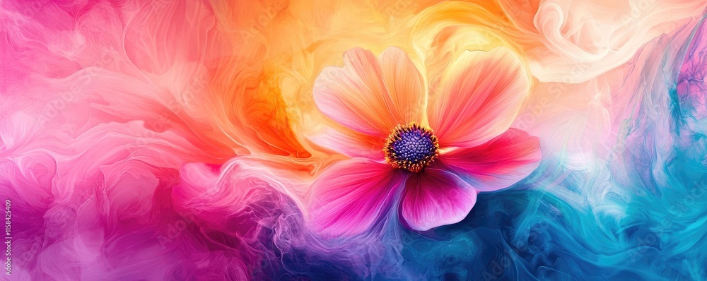 Cosmos floral abstract background concept. A vibrant flower surrounded by colorful smoke creating a mesmerizing visual effect. Cosmos floral abstract background concept. A vibrant flower surrounded by colorful smoke creating a mesmerizing visual effect.