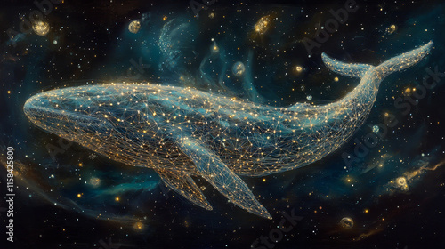 Blue whale composed of polygon. Marine animal digital concept. Low poly vector illustration of a starry sky or Comos. The whale consists of lines, dots and shapes. Wireframe light connection structure photo