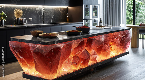 A luxurious modern kitchen island featuring an illuminated ruby-red crystal formation along its base, with rough-cut gemstone shapes glowing from within against black marble countertop. photo