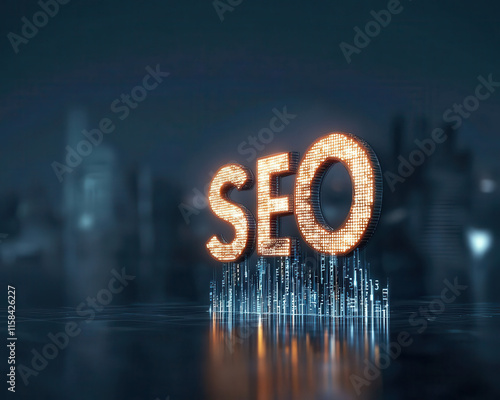 Stylized illuminated text 'SEC' representing technology and innovation in a modern urban setting. SEO performance and digital marketing concept.