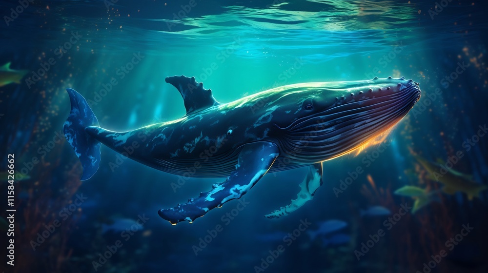 Naklejka premium Majestic whale breaching through a glowing bioluminescent seascape creating a dynamic and captivating underwater scene