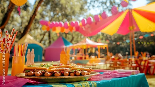 A whimsical outdoor celebration with vegan hotdogs on a platter, colorful festival tents creating a festive backdrop