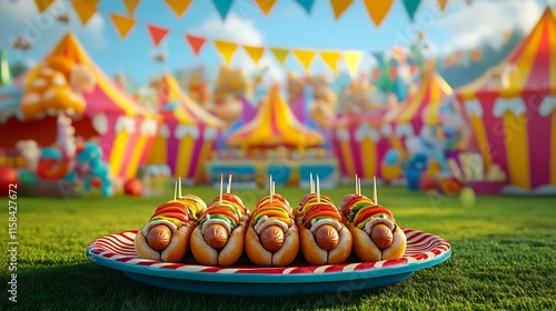 A colorful and whimsical scene with vegan hotdogs arranged neatly on a platter, vibrant festival tents in the background