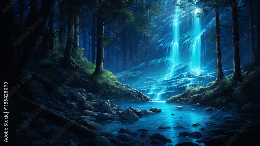 Fototapeta premium Stunning bioluminescent waterfall cascading through a lush verdant hidden forest oasis creating a captivating and mystical natural landscape