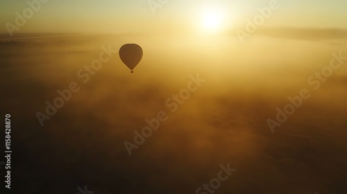 Hot air balloon drifting over misty fields with the soft light of dawn on the horizon