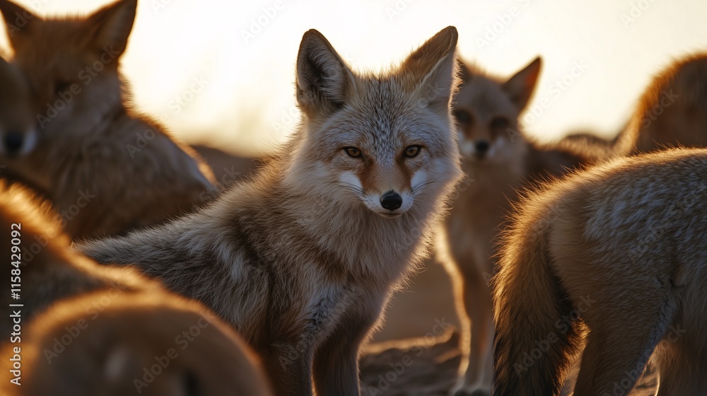 Group of foxes in a desert landscape, with one fox staring intensely during sunset.
