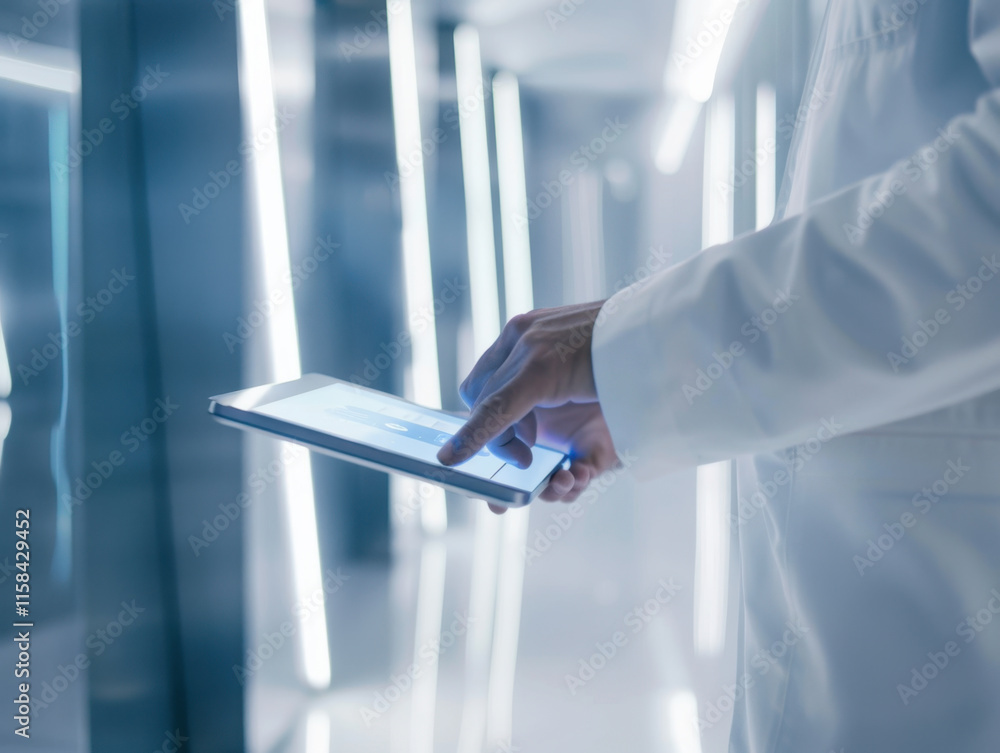 Businessperson Engaged with Interactive Tablet Technology Businessperson Engaged with Interactive Tablet Technology
