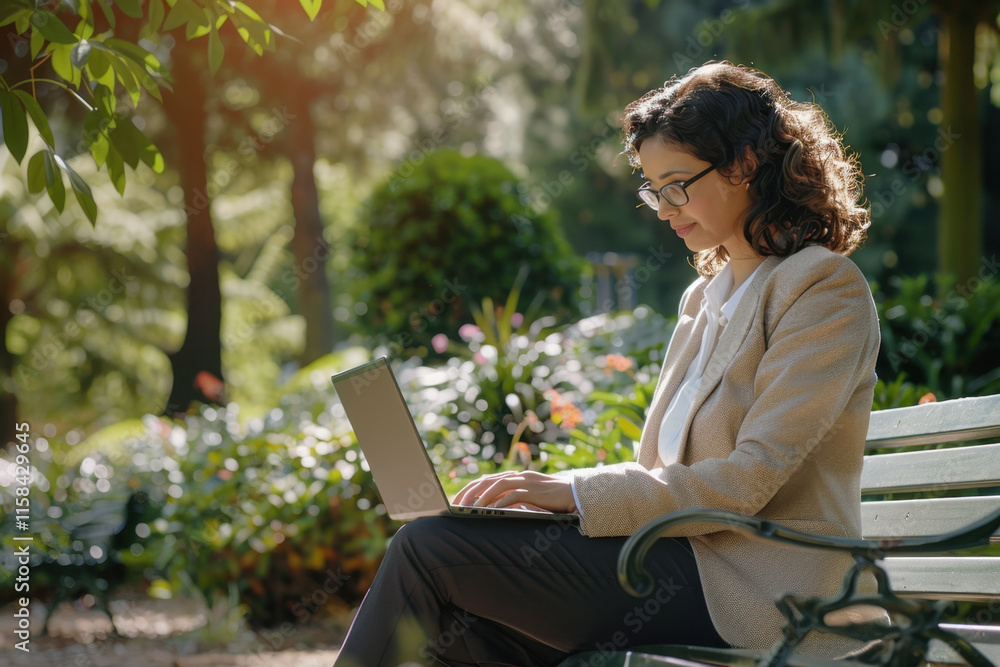 Businesswoman in Glasses Working on Laptop Outdoors Businesswoman in Glasses Working on Laptop Outdoors