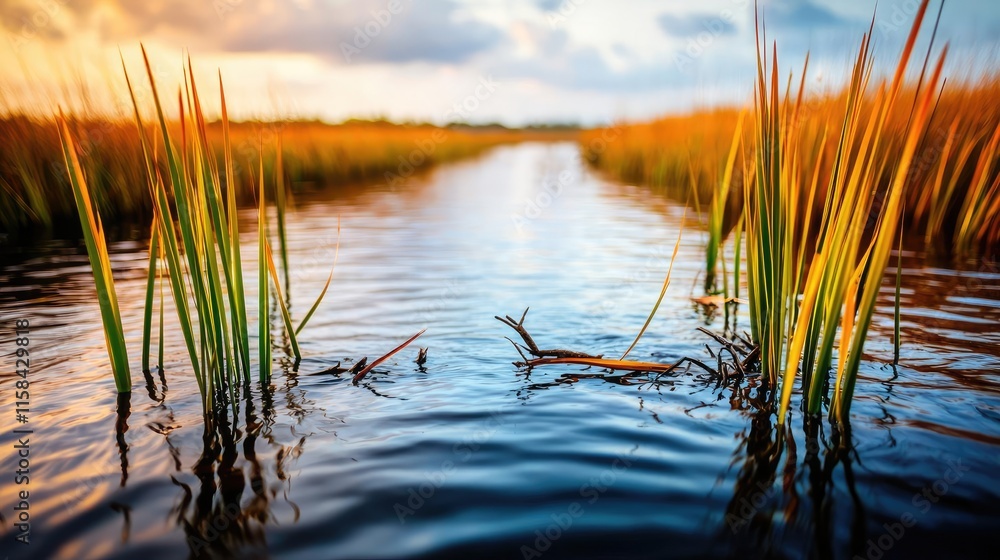 Florida hurricane idea. A serene view of a waterway surrounded by lush grasses under a beautiful sunset. Florida hurricane idea. A serene view of a waterway surrounded by lush grasses under a beautiful sunset.