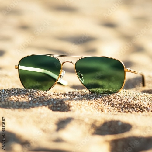 Elegant Green Tinted Sunglasses Resting on a Sandy Beach Surface with Sunlight Reflections Creating a Summer Vibe for Vacation Inspiration photo