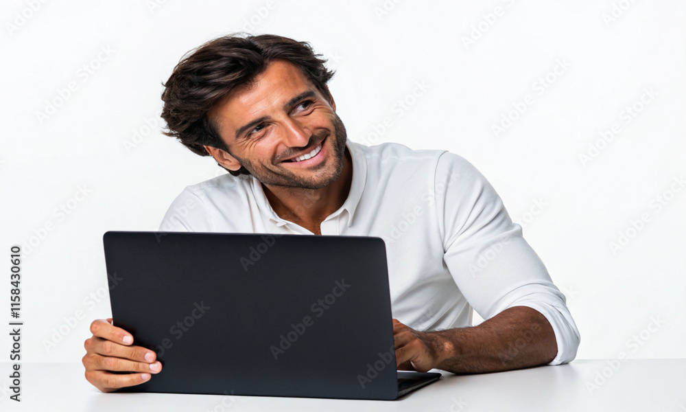 Male man businessman person people human work job occupation career education study work job white background dicut office using screen computer notebook student happy smiles sitting copy space desk Male man businessman person people human work job occupation career education study work job white background dicut office using screen computer notebook student happy smiles sitting copy space desk