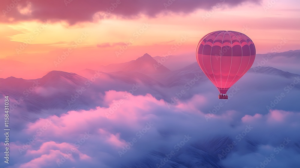 Fototapeta premium A hot air balloon drifting through a pastel-colored sky at dawn, bathed in soft light