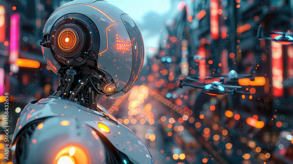 A futuristic, an AI robot. The sleek robot stands guard with glowing LED lights, intricate lens mechanisms, The background shows a vibrant, high-tech urban environment with neon-lit buildings. A futuristic, an AI robot. The sleek robot stands guard with glowing LED lights, intricate lens mechanisms, The background shows a vibrant, high-tech urban environment with neon-lit buildings.