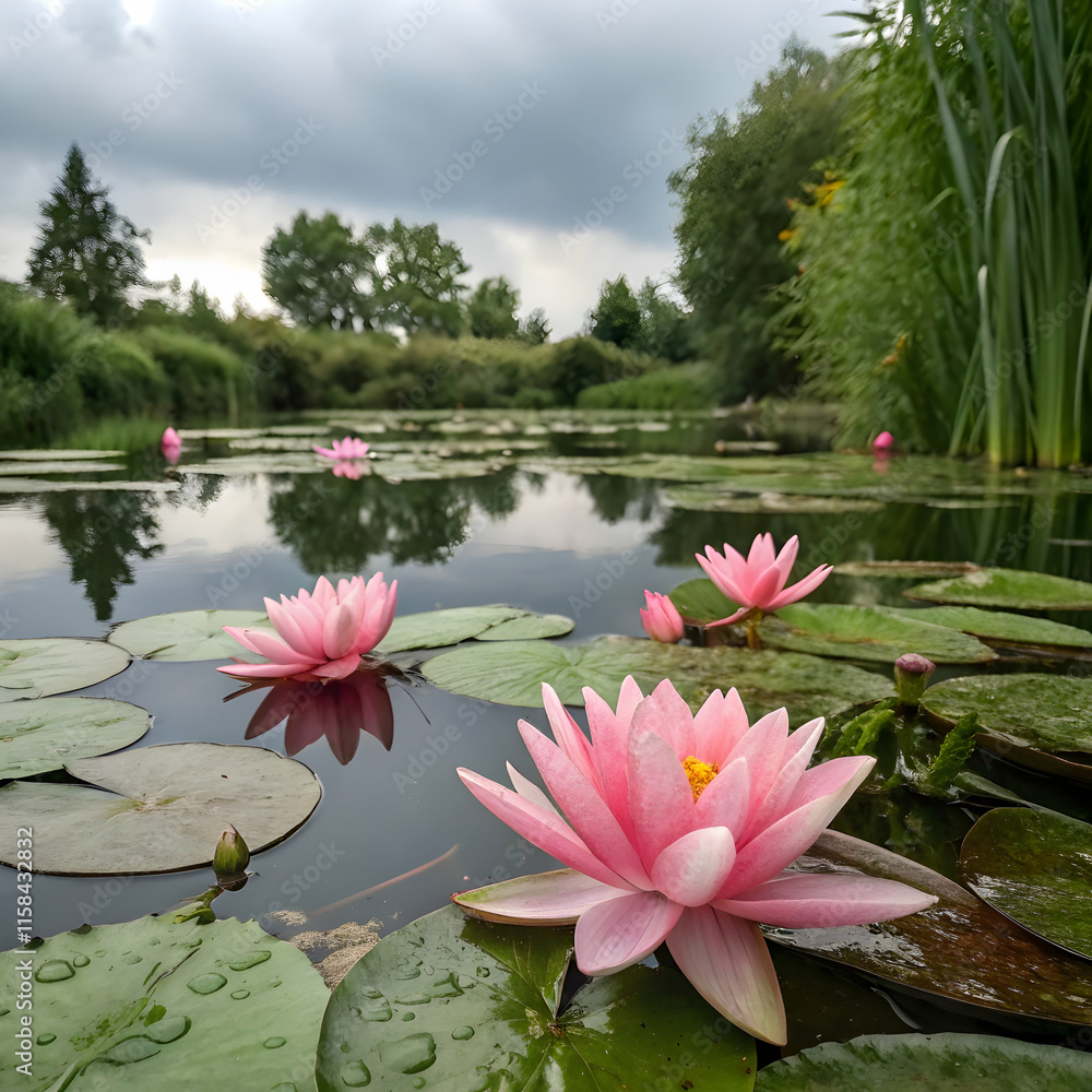 serene pink water lilies in a tranquil pond serene pink water lilies in a tranquil pond